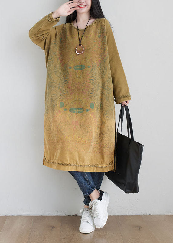 Yellow O Neck Print Side Open Cotton Mid Dress Spring