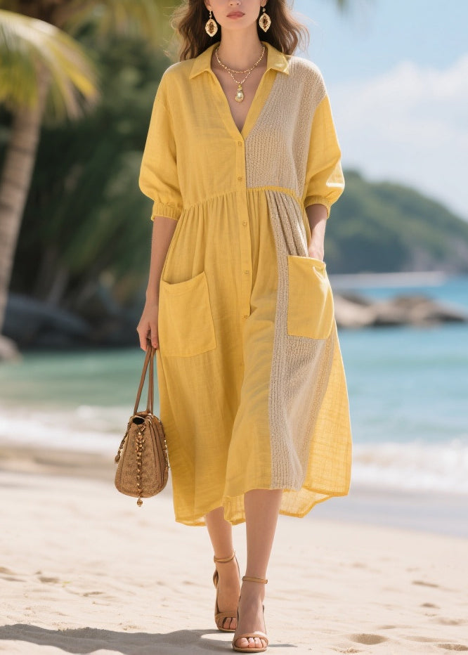 Yellow Oversized Patchwork Cotton Dresses Summer