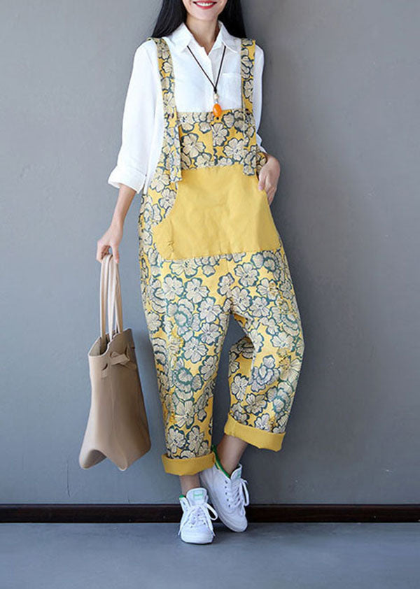 Yellow Patchwork Print Denim Jumpsuit Spring