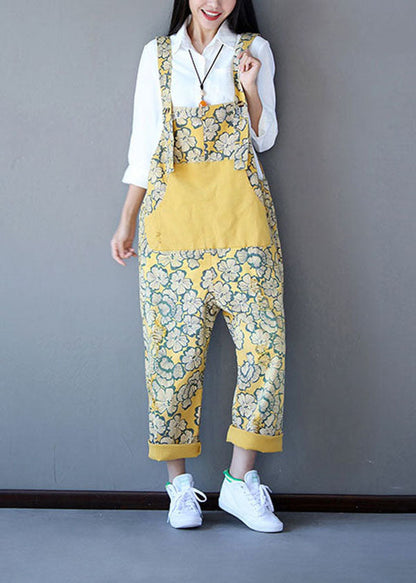 Yellow Patchwork Print Denim Jumpsuit Spring