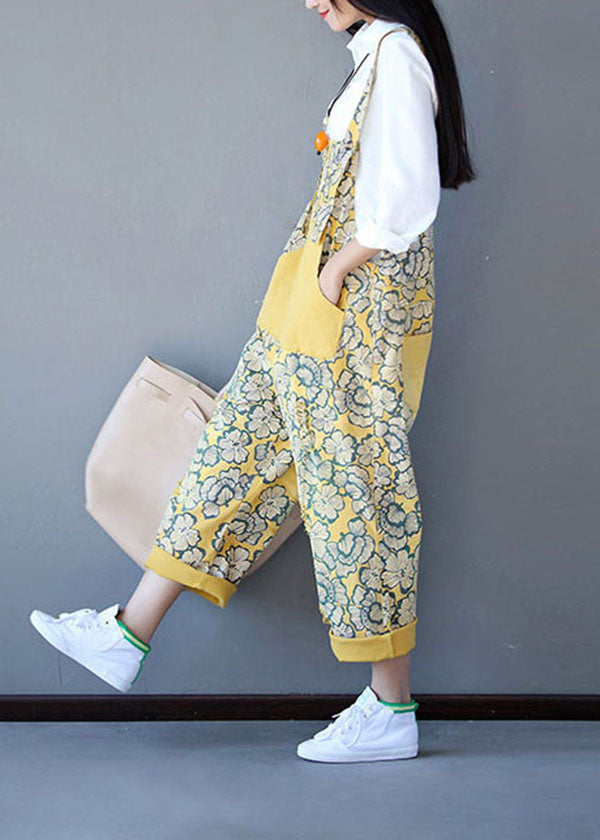 Yellow Patchwork Print Denim Jumpsuit Spring