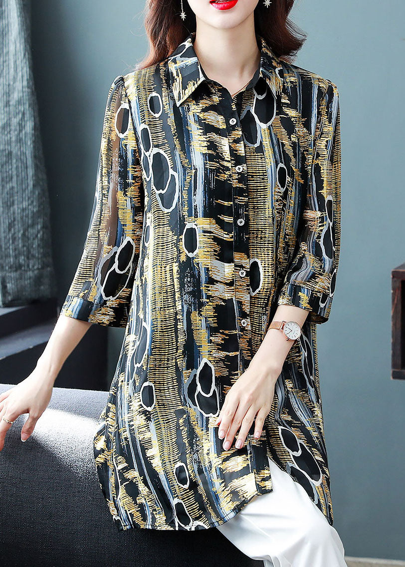 Yellow Peter Pan Collar Print Patchwork Chiffon Blouse Tops Bracelet Sleeve