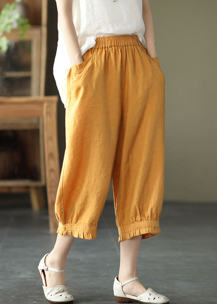 Yellow Pockets Ruffled Patchwork Linen Crop Pants Summer
