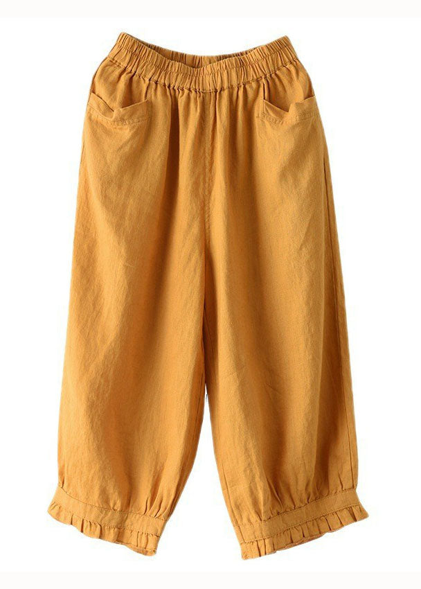 Yellow Pockets Ruffled Patchwork Linen Crop Pants Summer