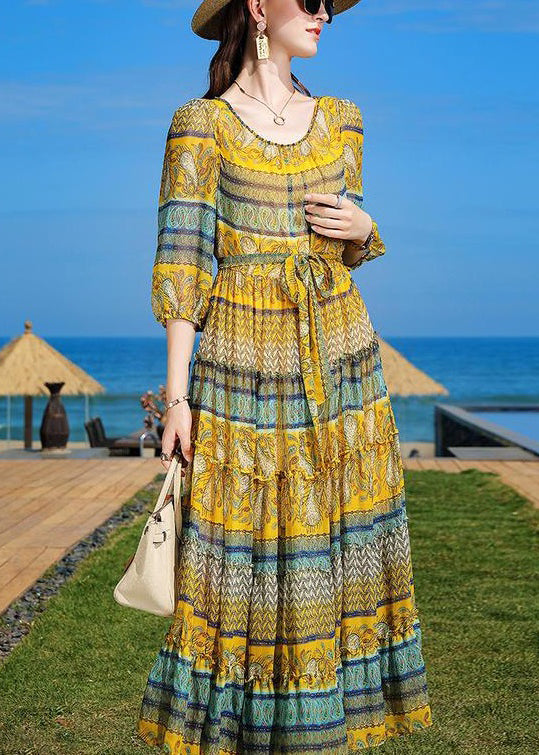 Yellow Print Ruffled Tie Waist Chiffon Dress Half Sleeve