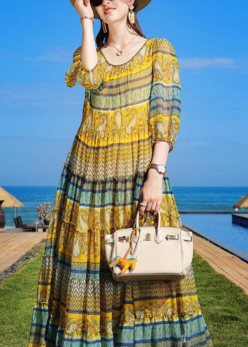 Yellow Print Ruffled Tie Waist Chiffon Dress Half Sleeve