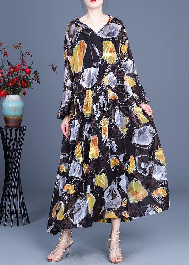 Yellow Print Hooded Cinched Mid Dress Summer Silk
