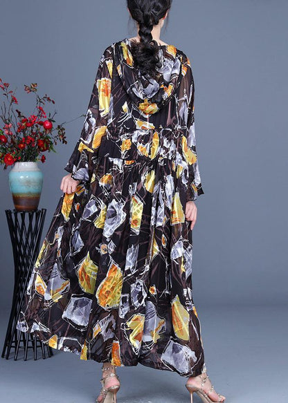 Yellow Print Hooded Cinched Mid Dress Summer Silk