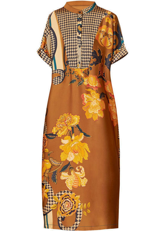 Yellow Stand Collar Patchwork Print Silk Long Dresses Summer