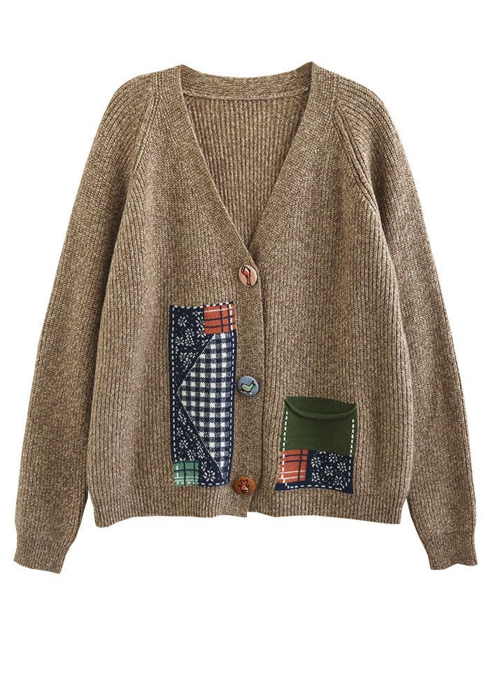 Yellow V Neck Patchwork Applique Knit Cardigans Winter