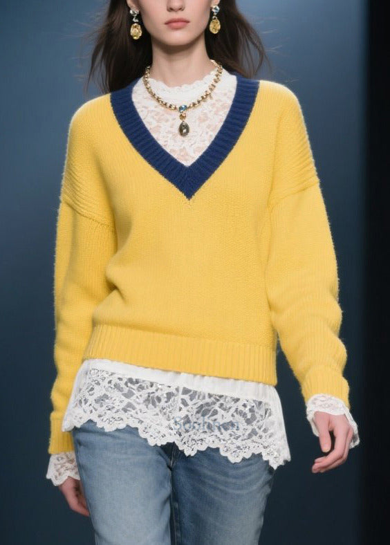 Yellow V Neck Warm Knitted Tops Winter