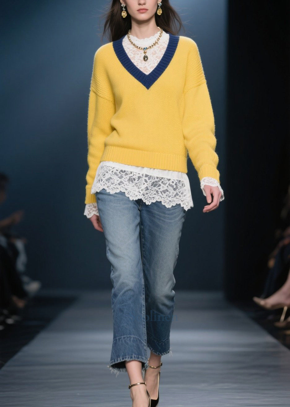 Yellow V Neck Warm Knitted Tops Winter