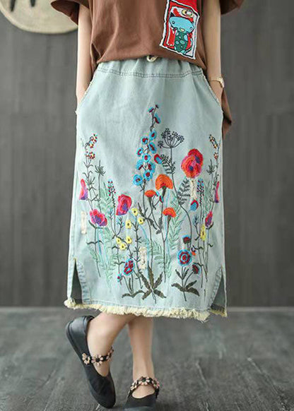 Dark Blue Embroideried Tasseled a Line Summer Skirts Denim