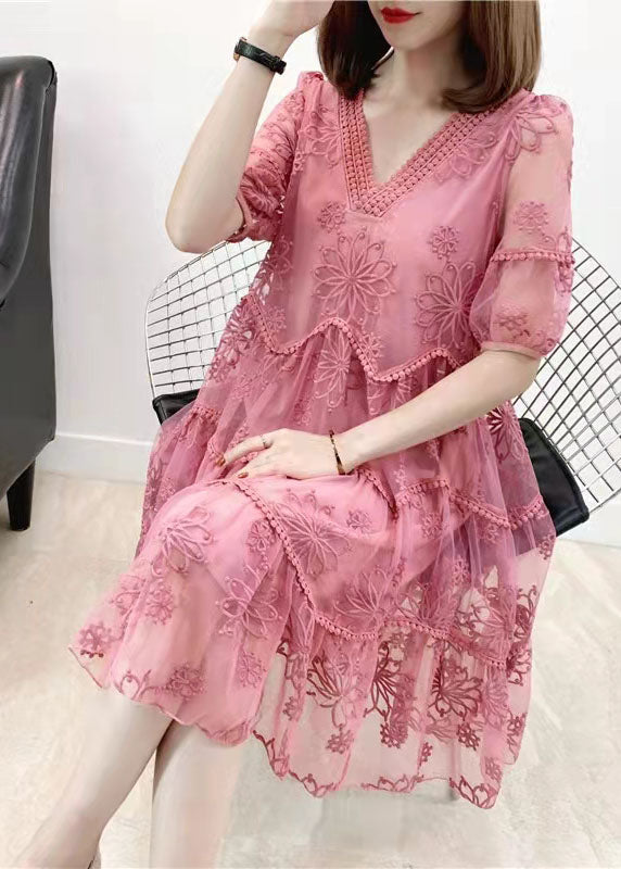 Pink Embroidery Chiffon Dress Patchwork Half Sleeve Two Piece Set Clothing