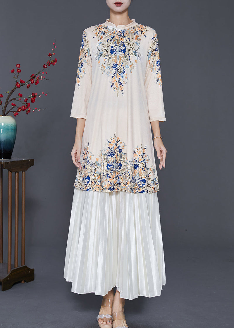 Boutique Apricot Mandarin Collar Print Silk Dress and Pleated Skirt Two Pieces Set Spring