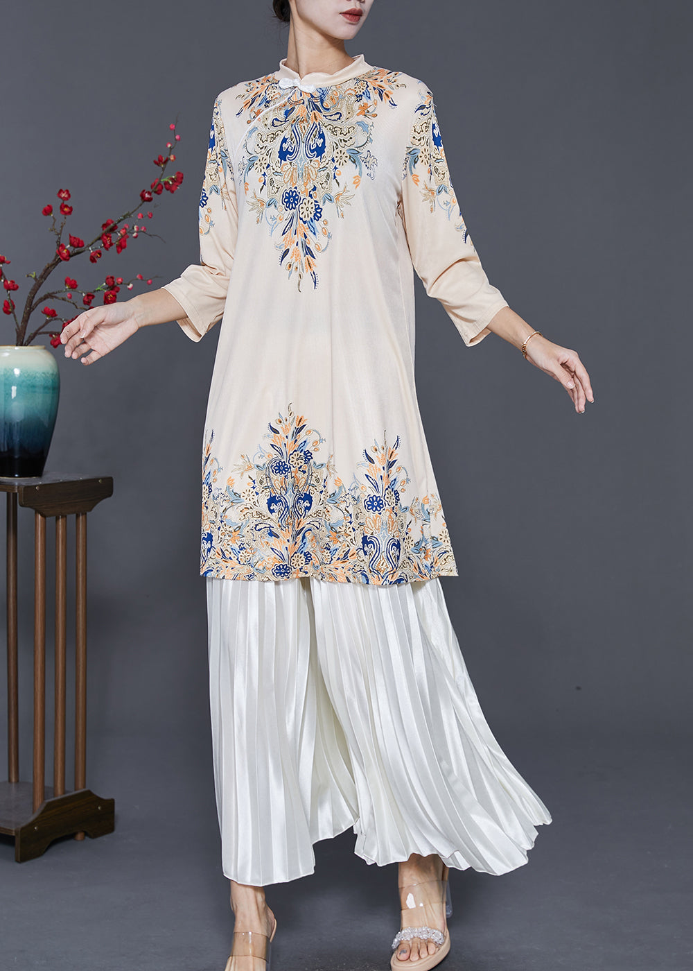 Boutique Apricot Mandarin Collar Print Silk Dress and Pleated Skirt Two Pieces Set Spring
