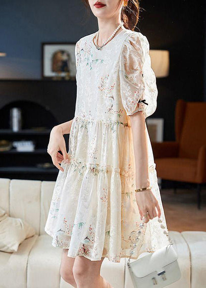 Boutique Apricot O-neck Print Silk Mid Dress Summer