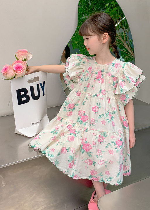 Boutique Apricot Print Patchwork Cotton Kids Dresses Butterfly Sleeve