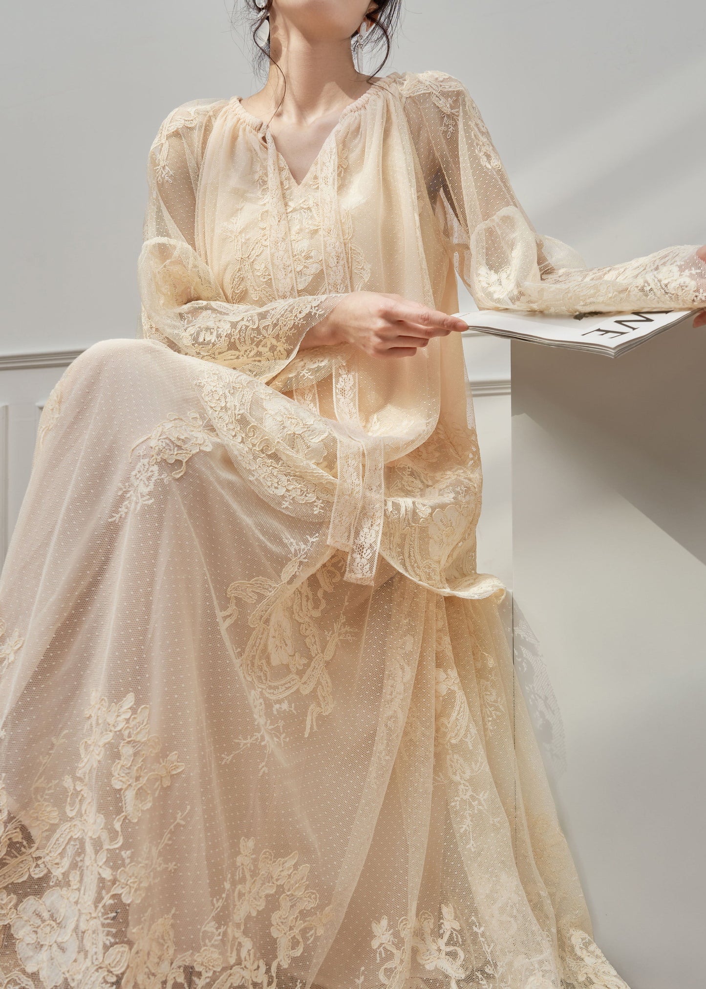 Boutique Apricot V Neck Lace Top and Skirts Set Spring