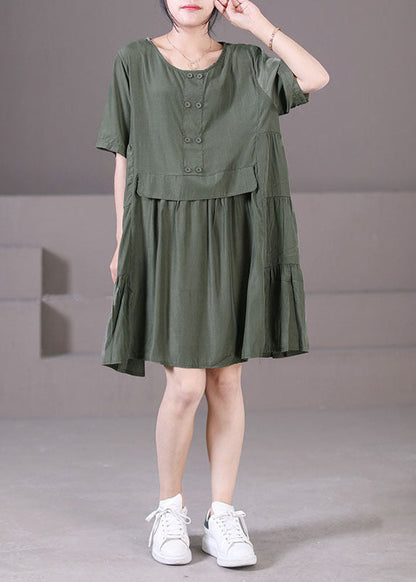 Boutique Army Green O-neck Wrinkled Patchwork Cotton Mid Dresses Short Sleeve