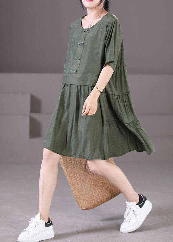 Boutique Army Green O-neck Wrinkled Patchwork Cotton Mid Dresses Short Sleeve