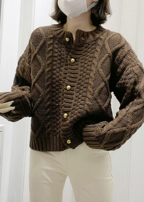 Boutique Beige O-neck Button Cable Knit Cardigan Fall