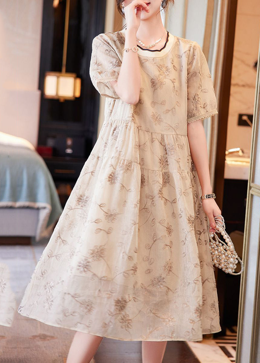 Boutique Beige O-neck Patchwork Print Chiffon Long Dresses Summer