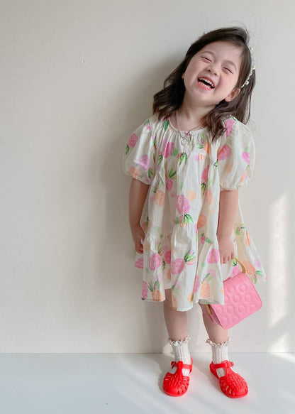 Boutique Beige Print Wrinkled Patchwork Cotton Kids Dresses Summer