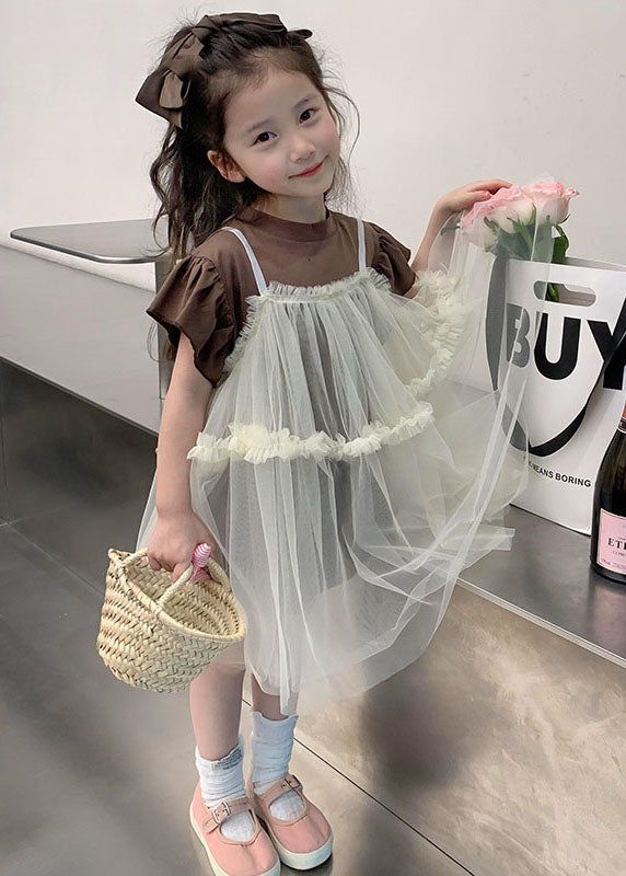 Boutique Beige Ruffled Patchwork Tulle Baby Dresses Two Pieces Set Summer