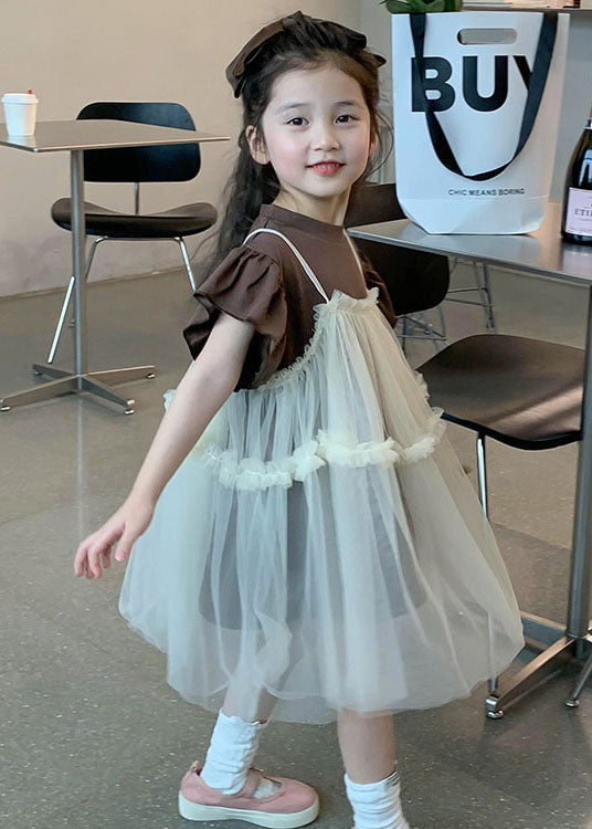 Boutique Beige Ruffled Patchwork Tulle Baby Dresses Two Pieces Set Summer