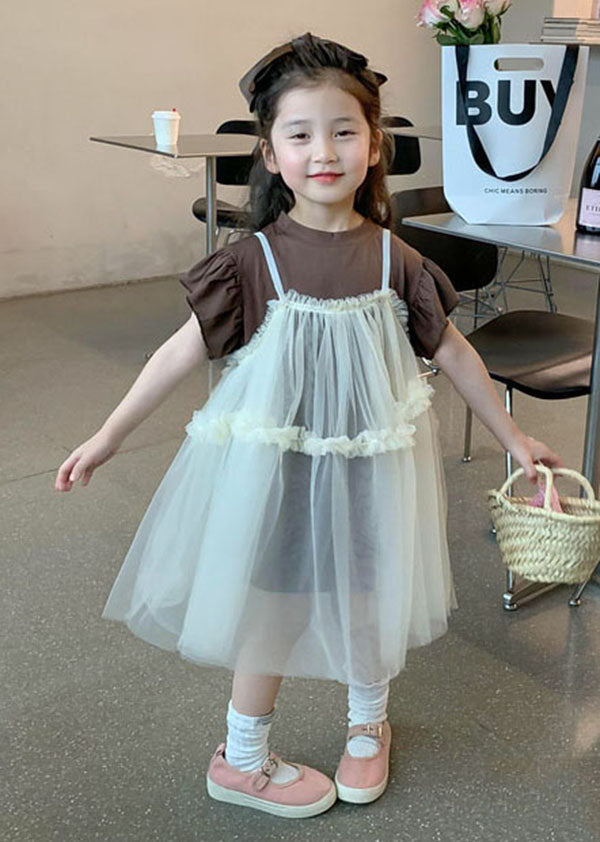 Boutique Beige Ruffled Patchwork Tulle Baby Dresses Two Pieces Set Summer