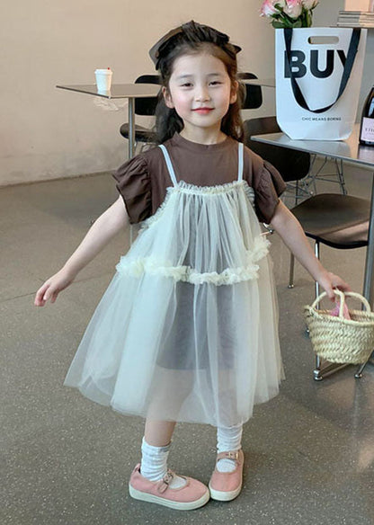 Boutique Beige Ruffled Patchwork Tulle Baby Dresses Two Pieces Set Summer