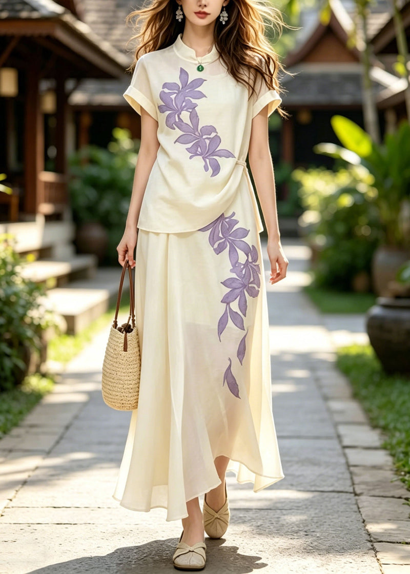 Boutique Beige Stand Collar Print Silk Two Pieces Set Summer