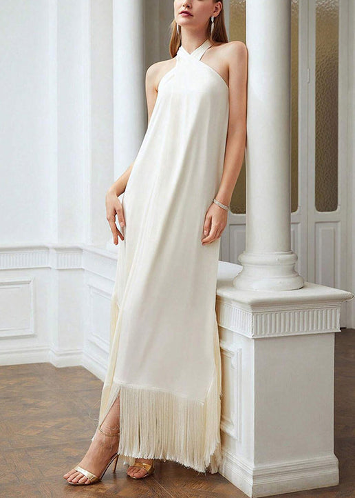 Boutique Beige Tasseled Off the Shoulder Dress Sleeveless