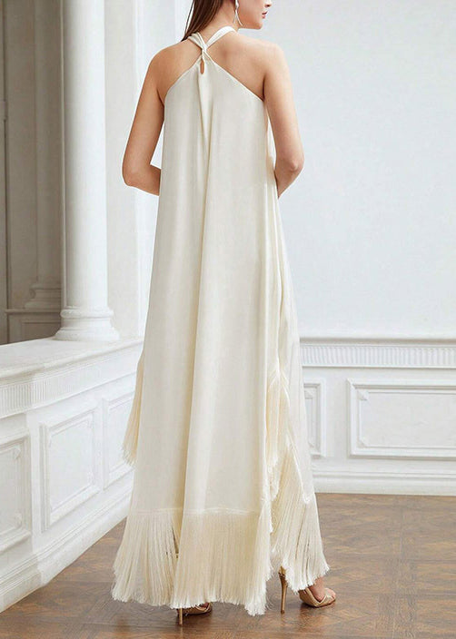 Boutique Beige Tasseled Off the Shoulder Dress Sleeveless
