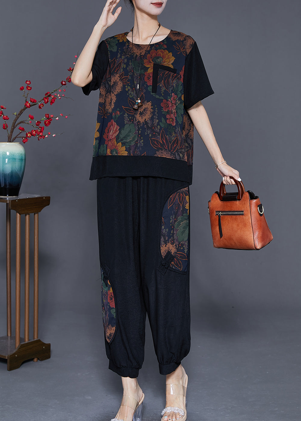 Boutique Black Chinese Button Patchwork Print Silk Two Pieces Set Summer
