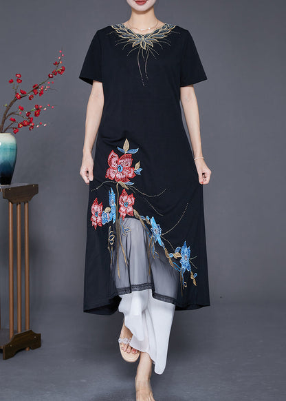 Boutique Black Embroideried Patchwork Tulle Cotton Vacation Dresses Summer