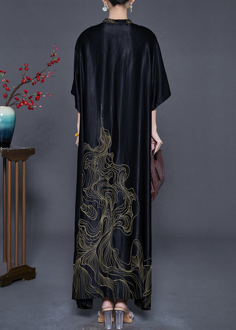 Boutique Black Mandarin Collar Print Silk Long Dresses Half Sleeve