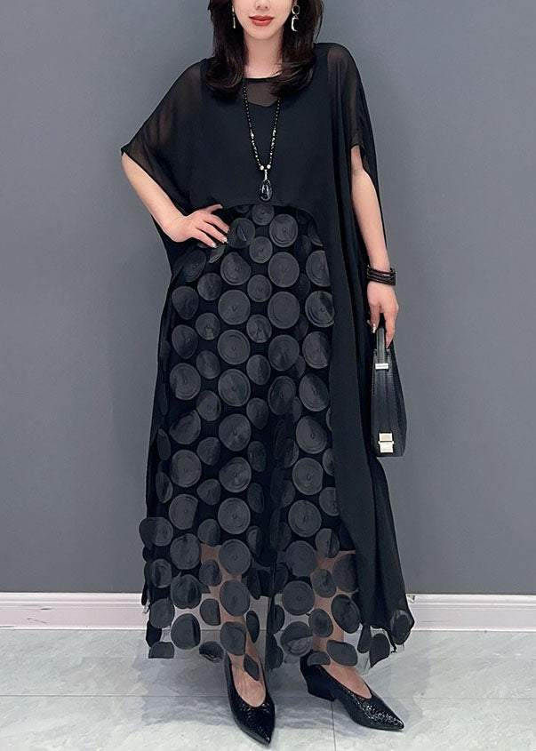 Boutique Black O-neck Asymmetrical Patchwork Chiffon Two Piece Suit Set Summer