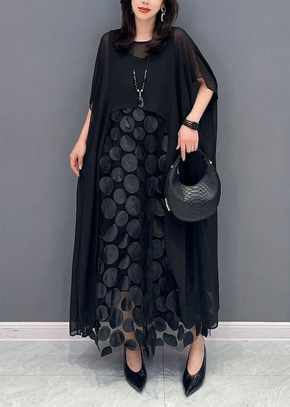 Boutique Black O-neck Asymmetrical Patchwork Chiffon Two Piece Suit Set Summer