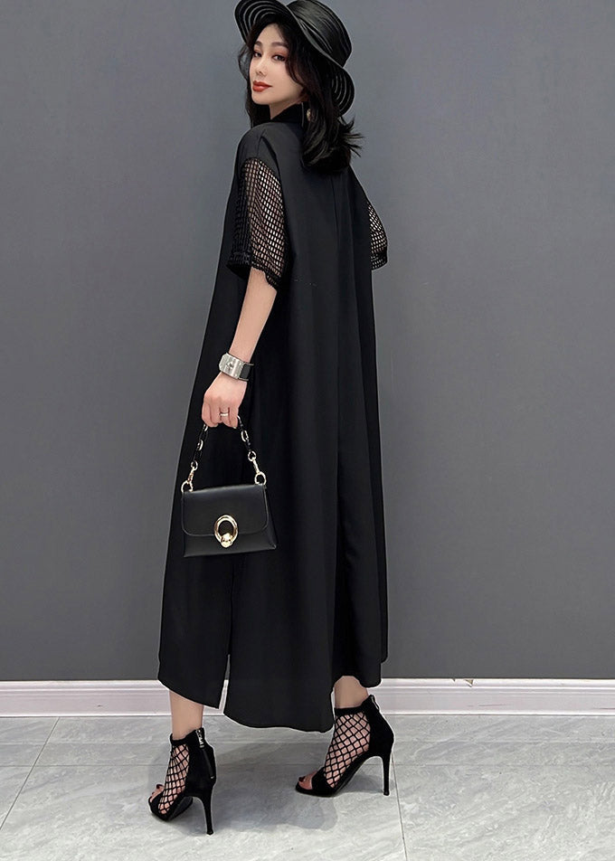 Boutique Black O-neck Button Pockets Side Open Dress Short Sleeve