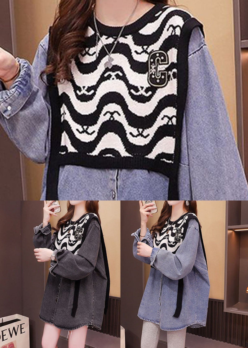 Boutique Black O-neck Oversized Knit Patchwork Cotton Denim Shirts Spring
