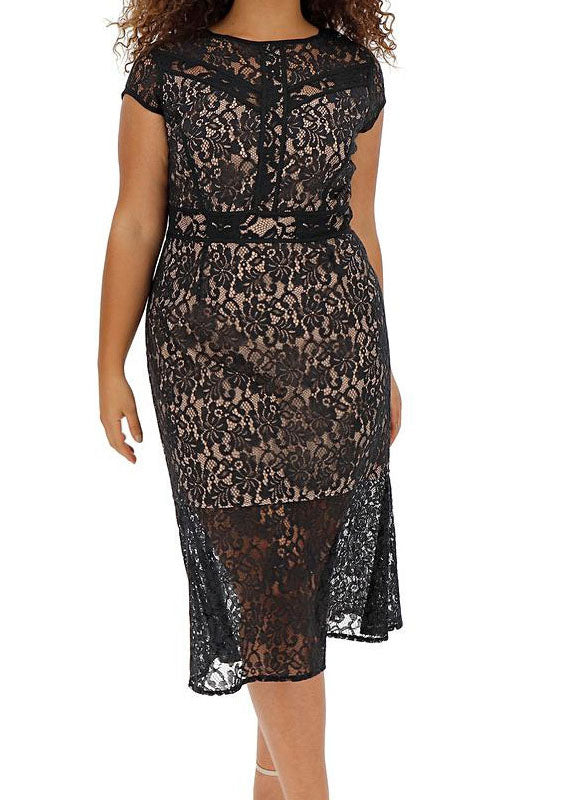 Boutique Black O-neck Tunic Lace Mid Dresses Summer