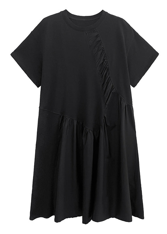 Boutique Black O-neck Wrinkled Vacation Dresses Short Sleeve