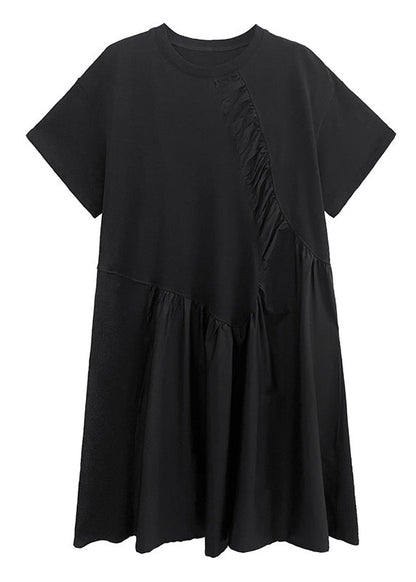 Boutique Black O-neck Wrinkled Vacation Dresses Short Sleeve