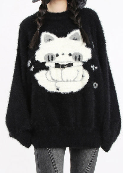 Boutique Black Oversized Cat Faux Mink Hair Knit Short Sweater Winter