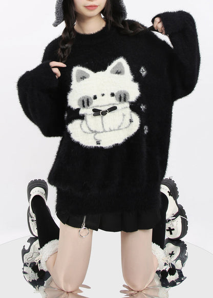 Boutique Black Oversized Cat Faux Mink Hair Knit Short Sweater Winter