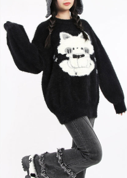 Boutique Black Oversized Cat Faux Mink Hair Knit Short Sweater Winter