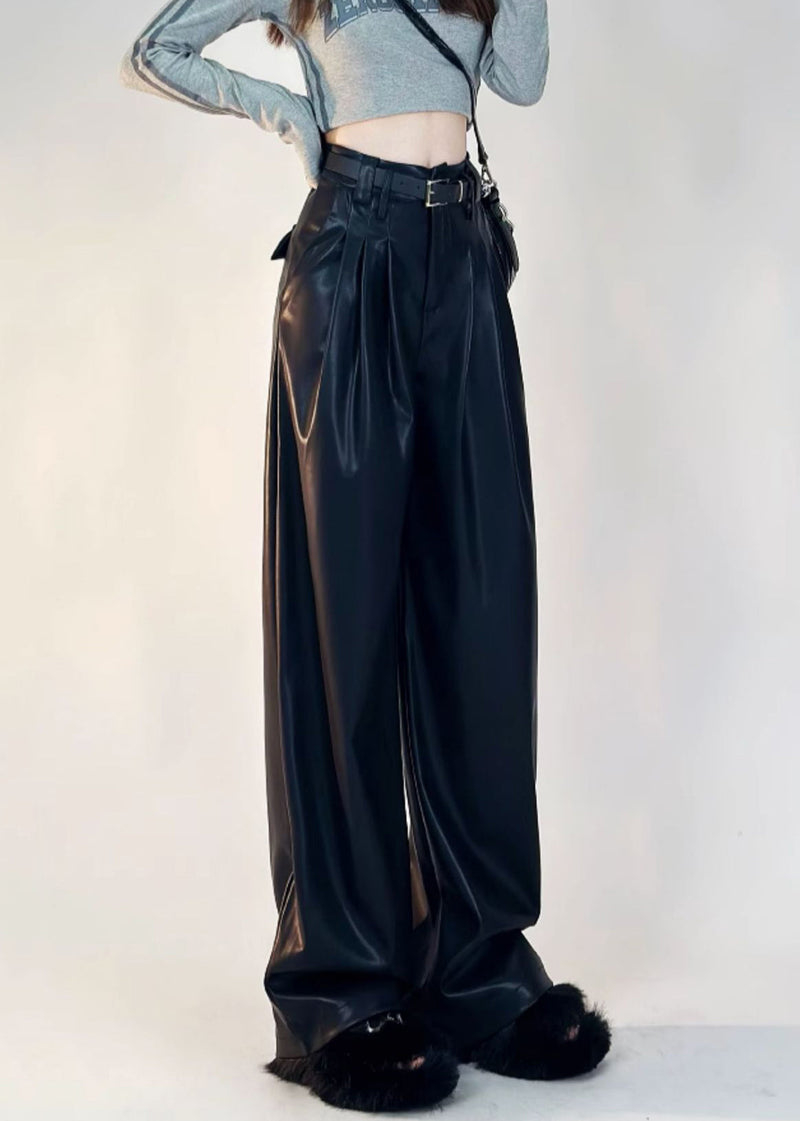 Boutique Black Pockets Warm Fleece Faux Leather Pants