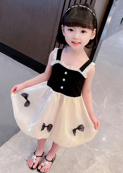 Boutique Black Square Collar Lace Patchwork Bow Silk Vacation Slip Mid Dress Summer